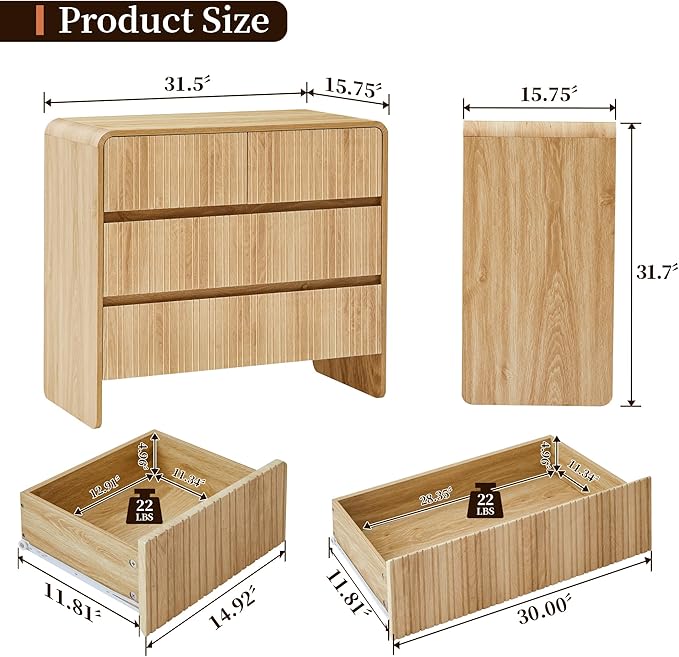 BERRYMERRY Flute 3 Drawer Dresser,31.5" Wide Dresser Nightstand for Bedroom,Mid Century Modern Wood Chest of Drawer with Curved Profile,Large Nightstand with 3 Drawer for Closet