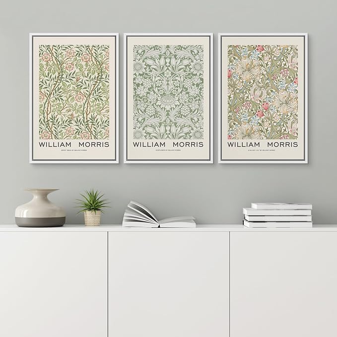 wall26 Framed Canvas Print Wall Art Set William Morris Flower Pattern Tapestries Nature Floral Illustrations Fine Art Decorative Botanical Rustic for Living Room, Bedroom, Office - 16"x24"x3 White