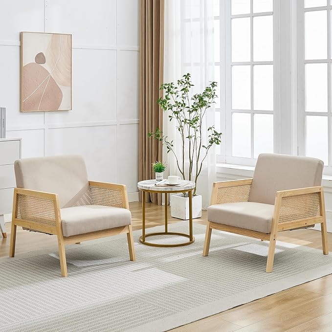 Mid Century Modern Accent Chair, Comfy Living Room Chairs with Sturdy Wood Legs, Rattan Backrest & Beige Thick Linen Cushion, Armchair for Bedroom Balcony Apartment (Beige-A) 2 PCS