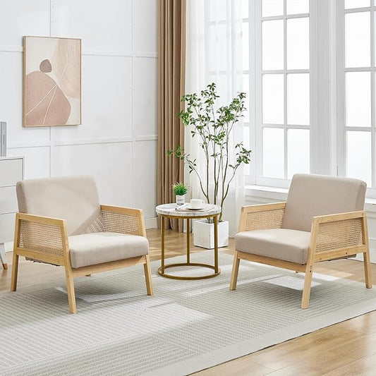 Mid Century Modern Accent Chair, Comfy Living Room Chairs with Sturdy Wood Legs, Rattan Backrest & Beige Thick Linen Cushion, Armchair for Bedroom Balcony Apartment (Beige-A) 2 PCS