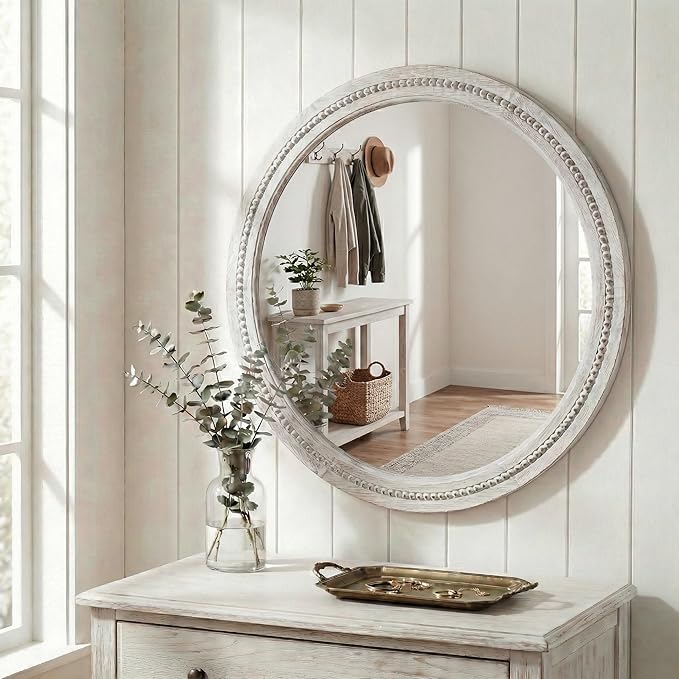 30" White Round Wood Mirror for Bathroom Vanity, Distressed Solid Wood Wall Mirror - French Country Beaded Circle Mirror for Coastal Bedroom & Nursery