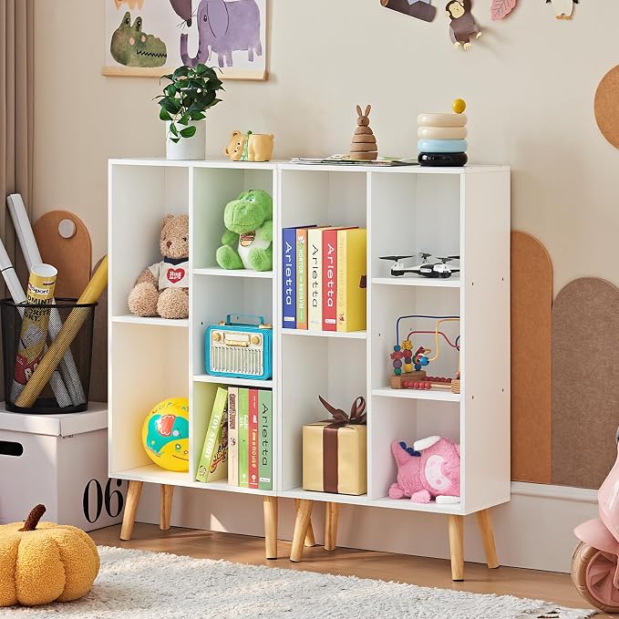 LEYAOYAO 5 Cube Bookshelf 3-Tier Bookcase with Legs,Mint White Kids Book Shelf Cute Storage Organizer,Free Standing Open Toy Shelves Wood Bookshelves,Display Bookcases for Bedroom,Living Room,Nursery