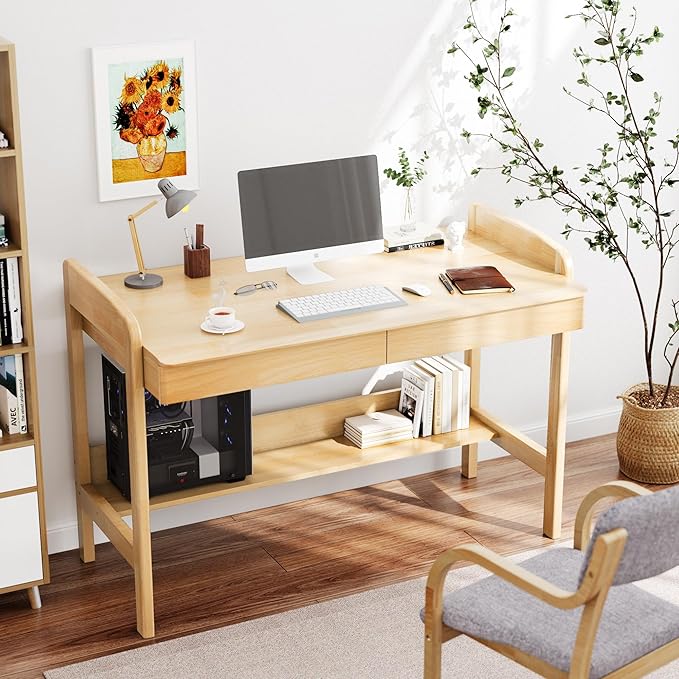 100% Solid Wood Desk with Drawers - 40 Inch Mid Century Modern Desk, Vintage Desks with Shelf, Adjustable Height Writing Computer Desks - Natural Oak