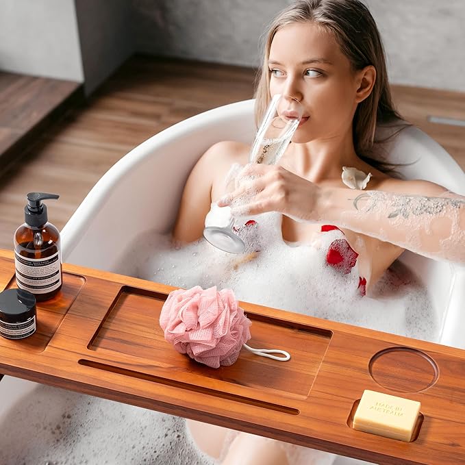 Teak Wood Bathtub Tray Caddy, 39 Inch Adjustable Bath Tub Tray for Freestanding Tubs, with Non-Slip Phone & Wine Glass Holder, Book Stand for Relaxing Bath