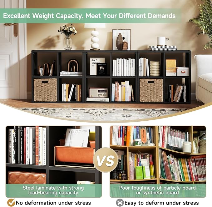 IRONMIX Metal 6 Cube Storage Organizer with 2 Storage Basket, Short Black Bookshelf with Storage, 2 Tier Horizontal Bookshelf Open Bookcase Cube Shelf for Home Office Library (Black, 1037 with Basket)