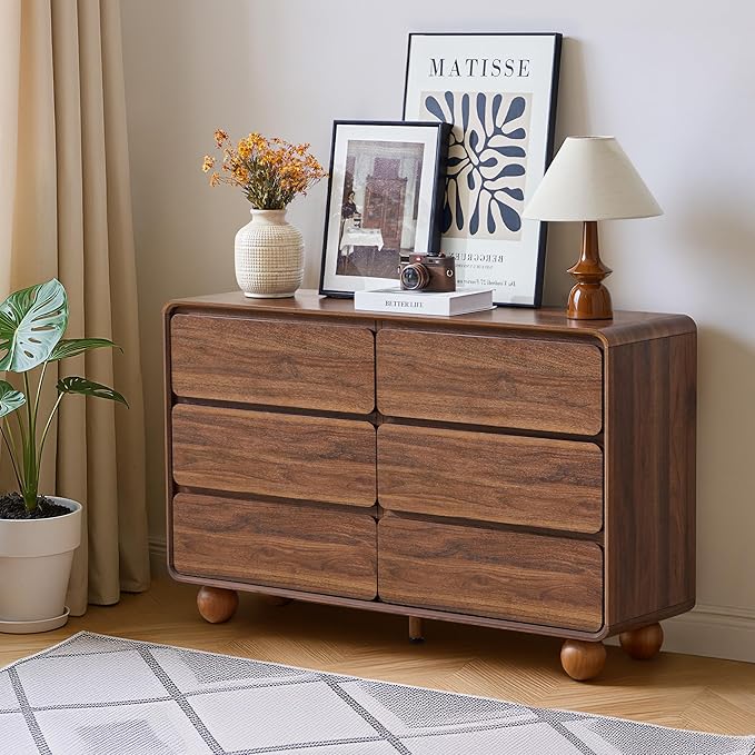 AVZEAR Modern 6 Drawer Dresser for Bedroom, 48" Wide Wooden Dresser Chest of Drawers, Handle Free & Curved Profile Design, Mid Century Closet Clothes Storage Organizer for Living Room, Walnut