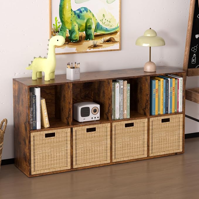 Wooden 8 Cube Storage Organizer with Closed Back Panel,Brown Cube Shelf Cubby Storage Organizers with Compartments for Living,Bookshelf,Organizers Easy to Install (Retro Brown, 8 Cube)