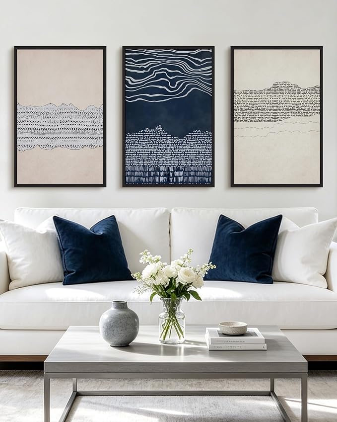 KUVIOKE Navy Blue Abstract Framed Wall Art Modern Neutral Minimalist Wooden Pastel Boho Wall Decor Farmhouse Rustic Art Painting Home Decor 24x36in (Black Framed)