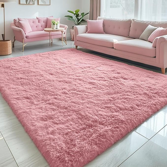 OLANLY 5x7 Machine Washable Large Area Rugs for Living Room, Bedroom, Soft Fluffy Shaggy Bedside Rug, Indoor Floor Carpet for Kids Girls and Boys, Dorms, Nursery, Home Decor Aesthetic, Pale Pink
