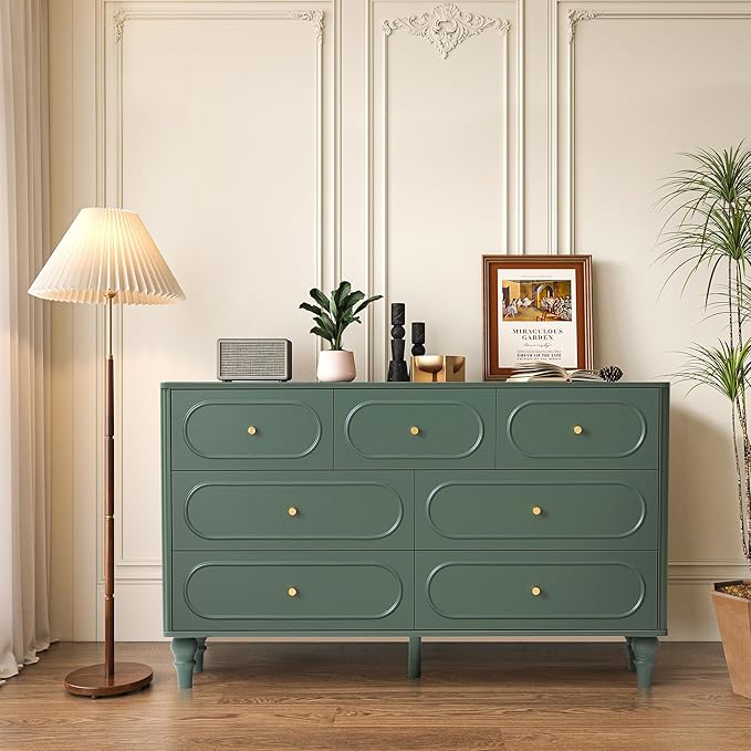 ORRD Fluted 7 Drawer Dresser for Bedroom, Mid Century Modern Chest of Drawers, Wood Storage Large Dresser Organizer for Bedroom Living Room Hallway Closet, Green