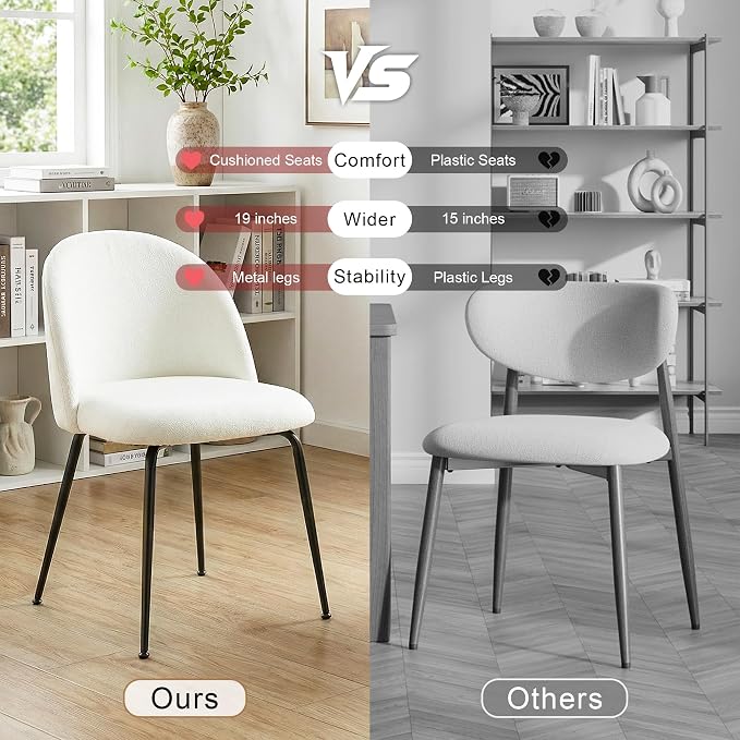 Casaphoria Dining Chairs Set of 2, Modern White and Black Upholstered Accent Chairs with Metal Legs, Ergonomic Comfy Vanity Chair for Kitchen, Living Room, and Bedroom