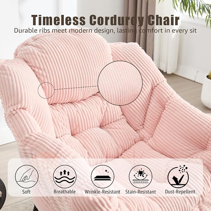 Large Lazy Chair and Ottoman for Adults, Accent Chair Oversized Lounge Armchair with Side Pocket & Footrest, Comfy Reading Chair Leisure Sofa for Bedroom, Living Room, Office (Corduroy, Pink, Single)
