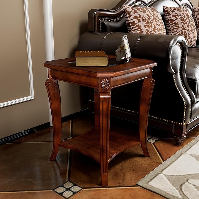 2-Set Solid Wood Side Table with Storage Shelf, 2-Tier Square End Tables Living Room, Traditional Style End Table, Vintage Beside Table with Curved Legs and Glass Tabletop, Cherry Walnut Accent Table