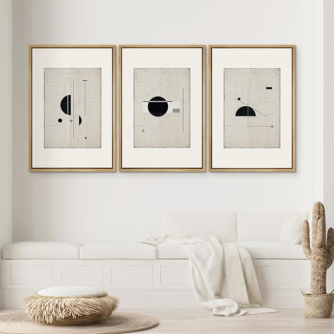 SIGNWIN Framed Canvas Print Wall Art Set Mid-Century Modern Geometric Polygons Abstract Shapes Illustrations Modern Art Decorative Minimal Duotone for Living Room, Bedroom, Office - 24"x36"x3 Natural