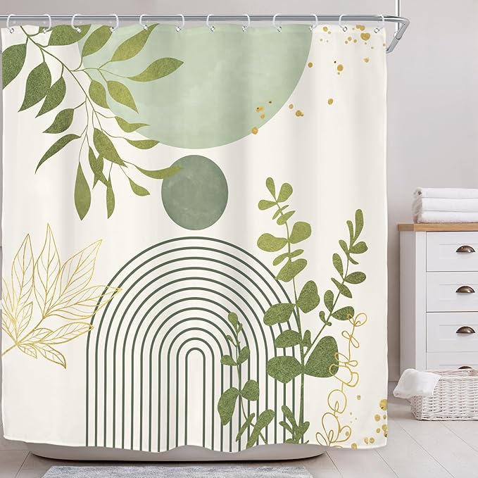Riyidecor Light Green Mid Century Boho Shower Curtain for Bathroom Decor 72Wx72H Modern Bohemian Eucalyptus Leaves Arch Plants Gold Art Printed Fabric Polyester Waterproof 12 Pack Plastic Hooks