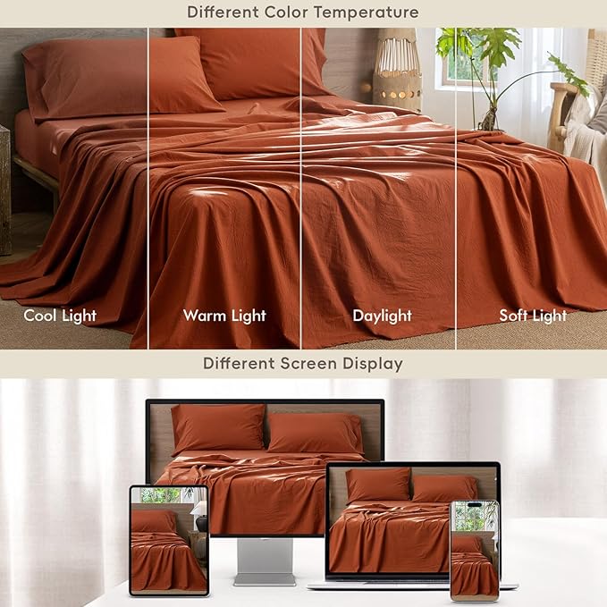 MooMee Bedding Sheet Set 100% Washed Cotton Linen Like Textured Breathable Durable Soft Comfy (Solid Rust Brown, King)