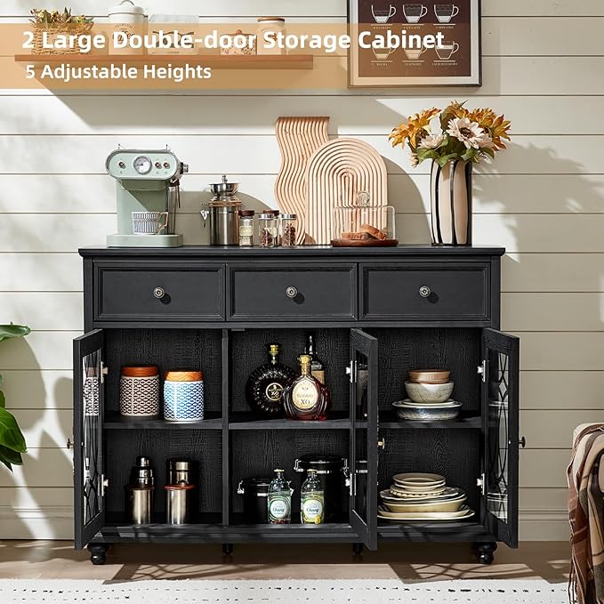 Farmhouse Sideboard Buffet Cabinet with Storage,48" Large Credenza with 3 Glass Doors & 3 Drawers,Adjustable Shelves Console Table,Wood Kitchen Coffee Bar for Dining Room,Kitchen,Black