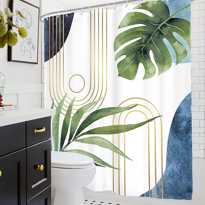 Glawry Boho Blue Green Shower Curtain Mid Century Abstract Tropical Palm Leaf Modern Minimalist Plant Botanical Bathroom Geometric 60Wx72L Inches Bath Accessories Art Home Decor Fabric 12 Pack Hooks