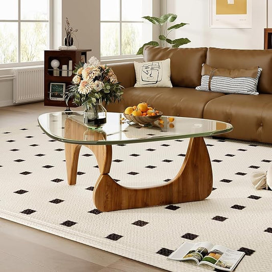 Glass Coffee Table, 44.9"×32.3"×15.8" Mid Century Modern Center Table with Triangle Tempered Glass Top, for Living Room Office Apartment