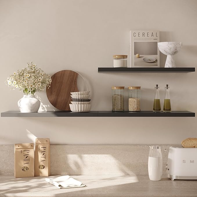 Wall Shelf Set of 2, Black Floating Shelves 24 in W x 10 in D x 1 in H, Wooden Floating Wall Shelf with Invisible Brackets for Living Room/Bedroom/Bathroom/Kitchen Storage and Decor