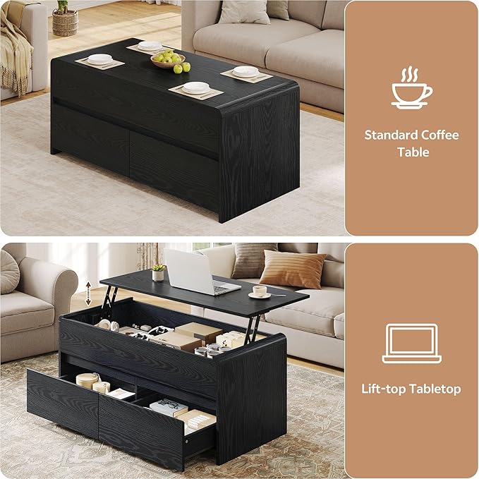 Coffee Table Lift Top, 40 Inch Multi-Function Coffee Table with 2 Drawers, Hidden Compartment, Curved Profile Design, Converts to Home Office Table, Dining Table for Living Room, Black