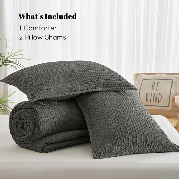 PHF Soft Waffle Comforter Set Queen Size- Comfy Breathable Waffle Weave Comforter with 2 Pillow Shams, 3 Pieces Less Snagging Lightweight Textured Bedding Set for All Season, Grey