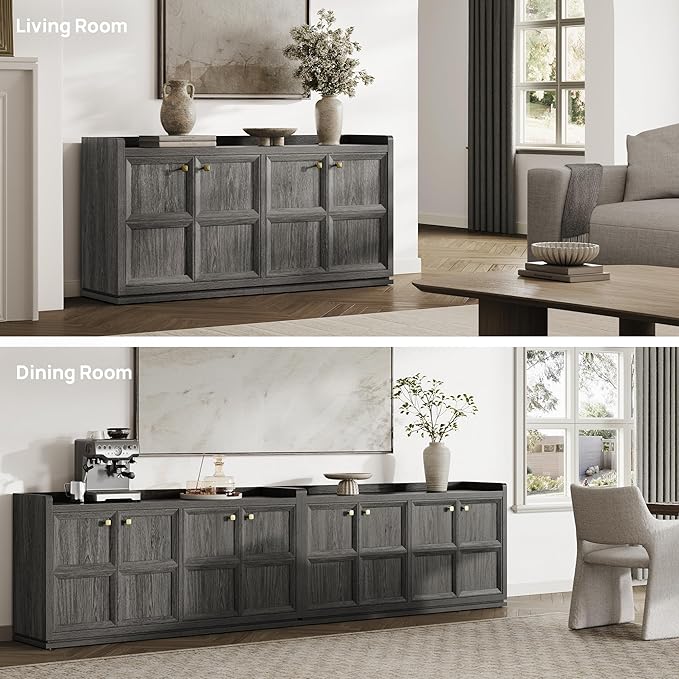 SICOTAS 4-Door Buffet Cabinet - Large Sideboard with Storage & Adjustable Shelves, Modern Credenza Accent Coffee Bar Console Table for Living Room, Kitchen, Entryway, Hallway, Dark Gray Oak, 2 PCS