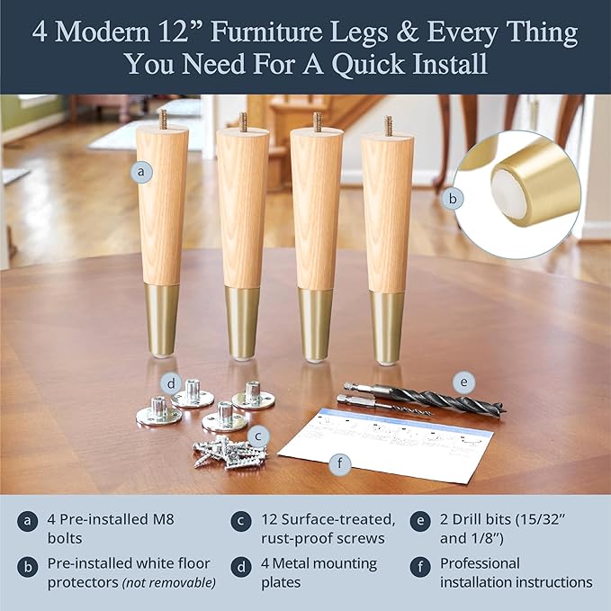 Premium Ash Wood Furniture Legs with Gold Caps (Full Install Kit) - Pick Your Size and Color