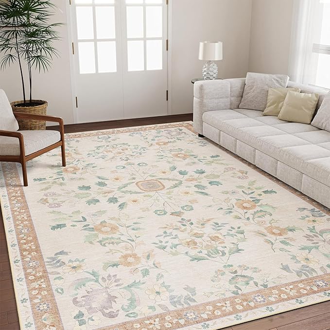 MUJOO 8x10 Area Rugs Washable,Large Floral Rugs for Living Room Bedroom Dining Room,Boho Indoor Floor Rug Non Slip Throw Carpet Low Pile Vintage Beige