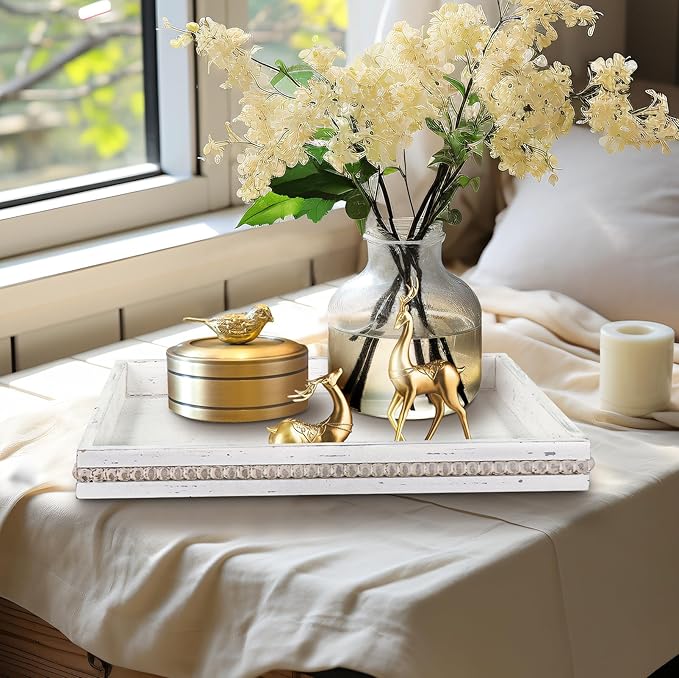 MAONAME Wood Serving Tray, Farmhouse Wooden Tray for Coffee Table, Rustic Rectangle Trays with Beads, Vintage White Decorative Trays for Living Room, Kitchen, 15.7" X 11.8" X 1.57"