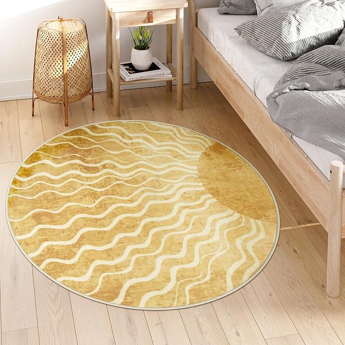 Wonnitar Sun Round Rug 4ft, Boho Soft Circle Rug for Kids Playroom Nursery, Gradient Yellow Washable Round Carpet for Bedroom Non-Slip Circle Carpet for Living Room Classroom