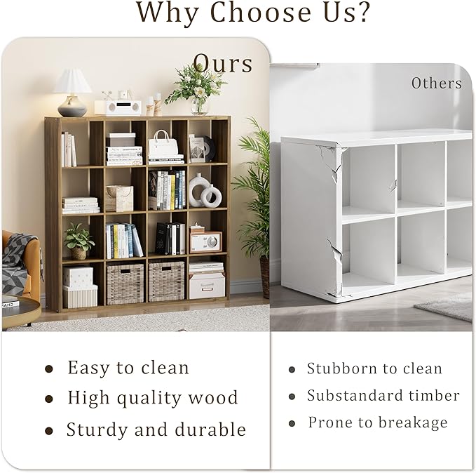 Cube Storage Organizer Bookcase, Decorative 11 inch Open Back Cubical Shelf with Thickened Border, Display Bookshelf for Living Room, Home Office, Sturdy Room (Brown, 16 Cube)