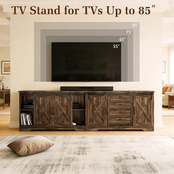 Luoxiao Farmhouse Sideboard Buffet Cabinet with Storage, 110 Inch Large Kitchen Cabinet with 4 Drawers & Sliding Barn Doors, Rustic Coffee Bar Cabinet for Dining Room, Living Room Dark Oak, 2 PCS