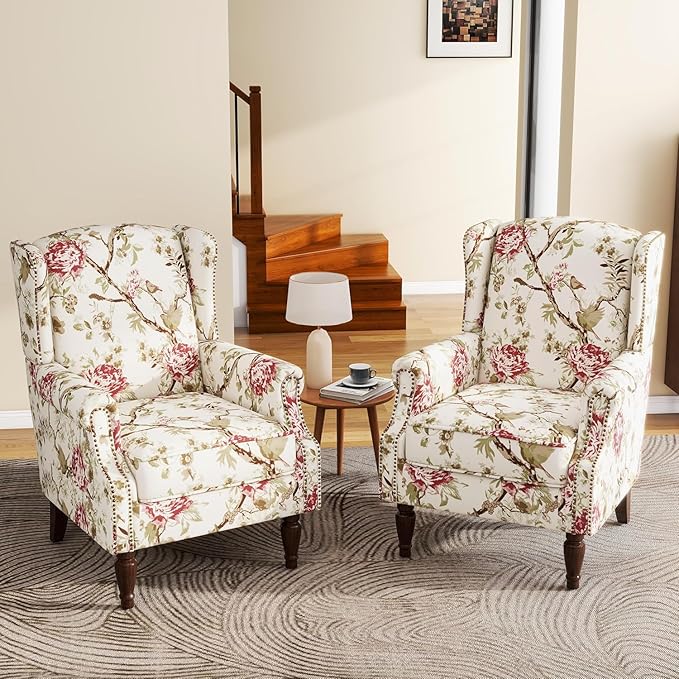 High Back Accent Chairs Set of 2, Floral Wingback Chair Fabric Upholstered Armchair for Living Room, Nailhead Trim Single Sofa Bedroom Reading Seat - Beige