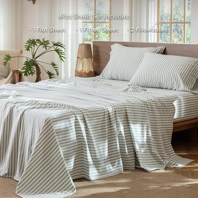 MooMee Striped Sheet Set 100% Washed Cotton Linen Like Textured Breathable Durable Soft Comfy (Sage Green White Classic Stripes, King)