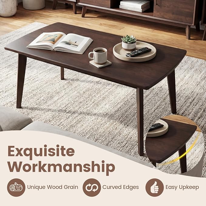 GOFLAME Solid Wood Coffee Table, 34.5" x 21" x 17" Mid-Century Modern Center Table with Storage, Curved Edges, Retro, Small Japanese Floor Table with Tapered Legs for Living Room, Apartment, Walnut