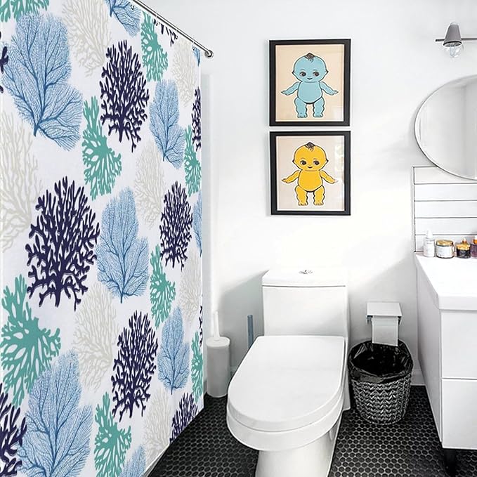 Nautical Coastal Shower Curtains,Blue Teal Beach Ocean Theme Shower Curtain for Bathroom Decor,Summer Tropical Seashell Starfish Coral Fabric Shower Curtain Set with Hooks,72x72Inch