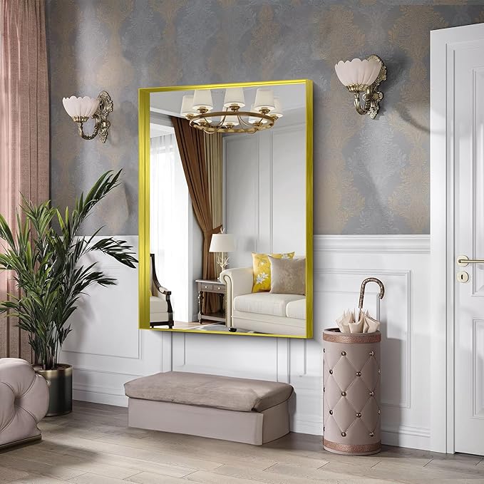 CIRCUMI Gold Bathroom Mirror, 36"x50" Rectangular Mirror with Deep Metal Frame, Brushed Finish, Tempered Glass, Large Mirror for Wall, Over 2 Sinks, Installed Vertically/Horizontally, Crystal-Clear