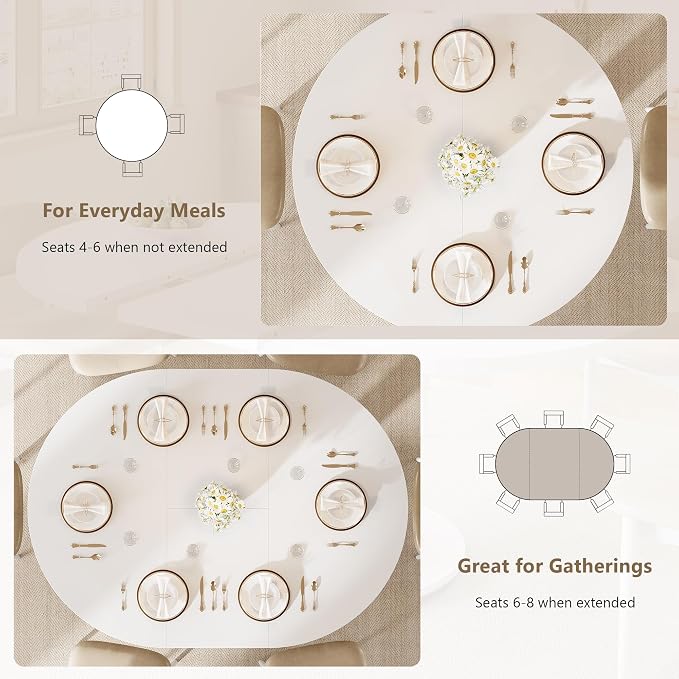 Einhomn 59" Extendable Round Dining Table for 6-8, Kitchen Table with Sturdy Double Arc Base & Backboard Clasp Desktop, Mid-Century Modern Dinner Table, Kitchen Dining Room, Space Saving, White