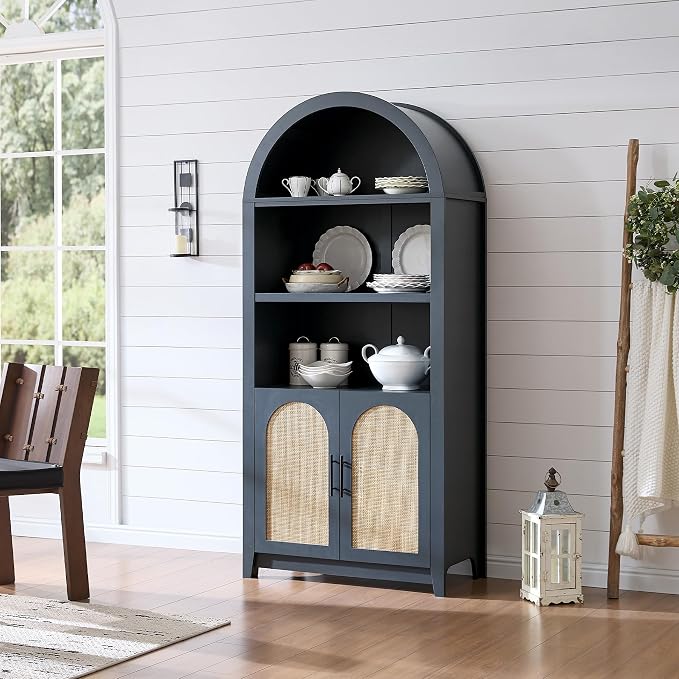 RowyPoey Rattan Arched Cabinet Bookshelf - 69.3” Tall Mid Century Display Cabinet, Rounded Bookcase with Rattan Doors, Open Shelf Storage for Dining Room (Blue, 1 PC)