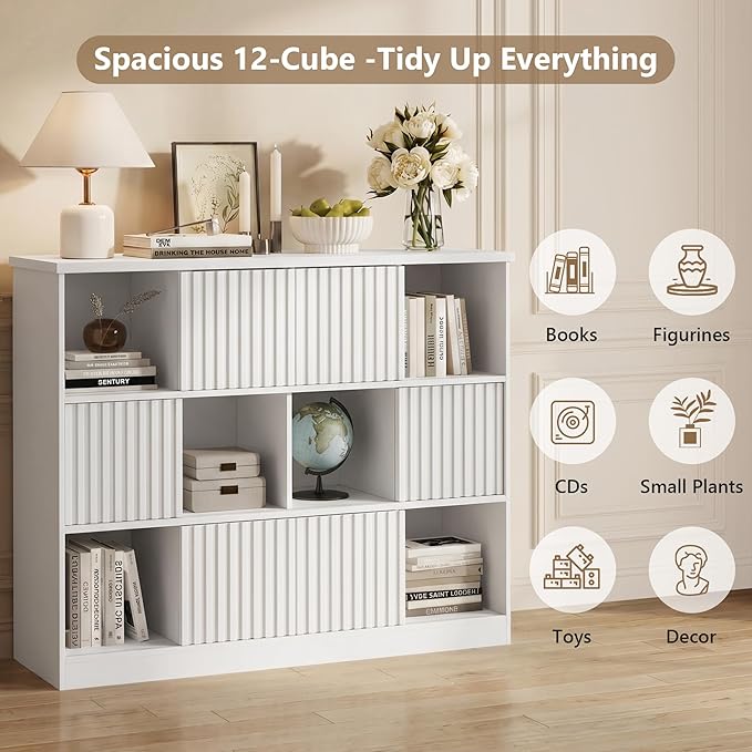 Einhomn 12 Cube Storage Organizer with Sliding Doors, Modern Fluted Bookshelf with Storage Cabinet, Wooden Bookcase with 6 Open Shelves for Living Room, Home Office, Bedroom, White