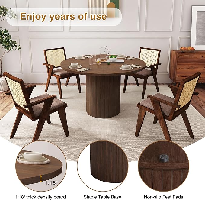 47 Inch Round Dining Table, Farmhouse Fluted Dining Kitchen Table, Modern Wood Small Circle Dining Table for Kitchen Living Room, Walnut