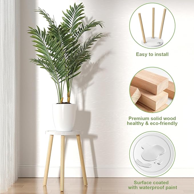 Wood Plant Stands Indoor, 16.7" Tall Plant Stand Outdoor Mid-Century Plant Stool, Single Plant Table Modern Small Round Side/End Table for Living Room, Balcony, Office(White)
