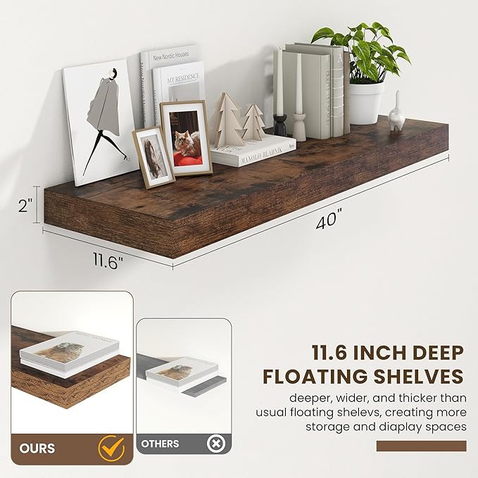 Deep Floating Shelves | 40 Inch Floating Shelves Set of 2 | 12 Inch Deep Brown Wood Wall Shelves | 40" W x 12" D Rustic Brown Shelves for Bathroom Living Room Kitchen Laundry Room