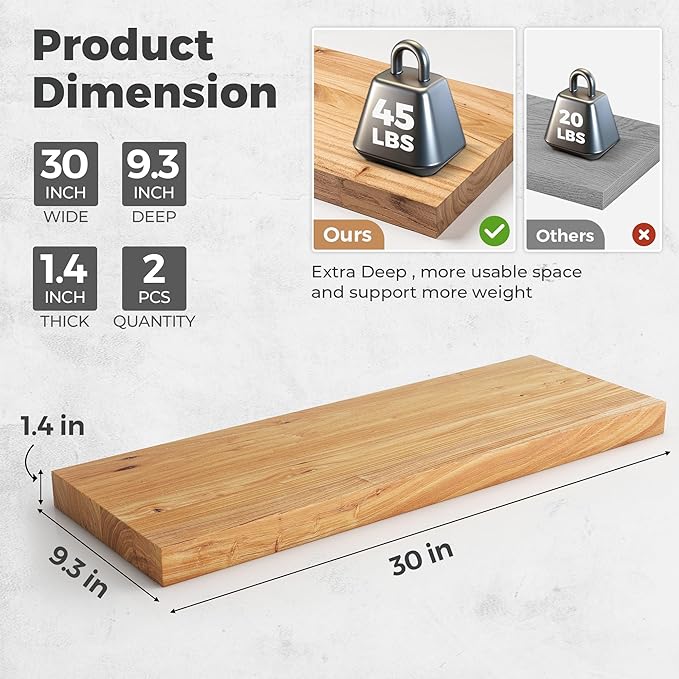 RICHFOCUS Elm Floating Shelves for Wall - 30" W x 9.3" D Rustic Solid Wood Shelves with Invisible Bracket, Wall-Mounted for Living Room, Bedroom, Kitchen Storage & Display, Set of 2, Natural