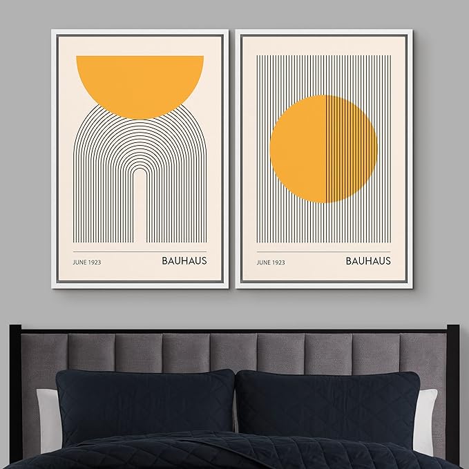 IDEA4WALL Framed Canvas Print Wall Art Set Bauhaus Geometric Solar Sun Wave Collage Abstract Shapes Illustrations Modern Art Decorative Multicolor for Living Room, Bedroom, Office - 16"x24"x2 White