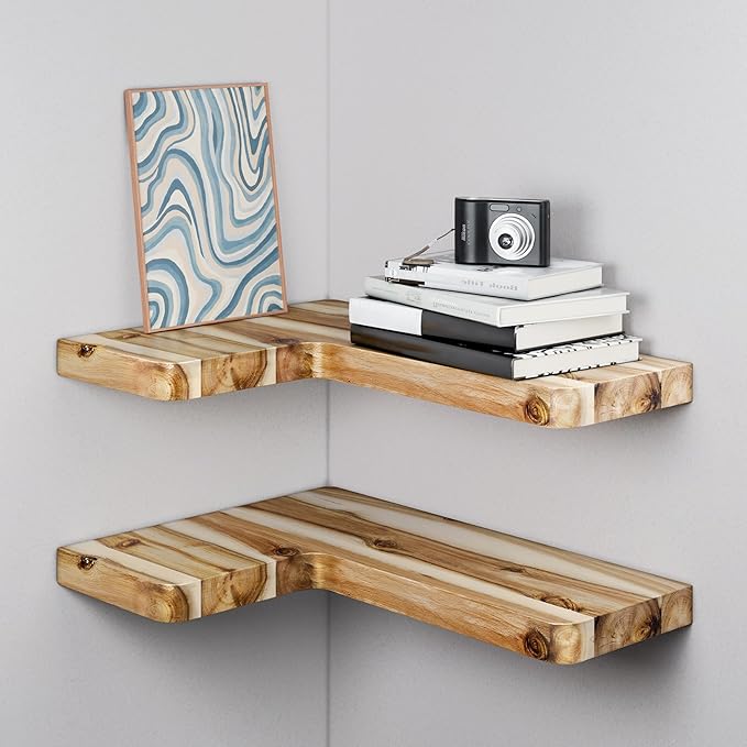 BATODA Acacia Corner Floating Shelves 17“x12”, Wall Shelves - Floating Book Shelves for Wall, Corner Bookshelf for Home Decor - Wooden Shelves with Bracket and Hardware, Boho Decor (Natural Color)