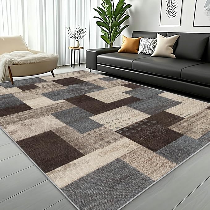 Modern Geometric Patchwork Indoor Area Rug for Living Room, Blue-Taupe 10'x 14' Large Rug Rockwood Collection Hardwood Floors Decor for Bedroom, Blue Throw Carpet for Entryway Dining Room