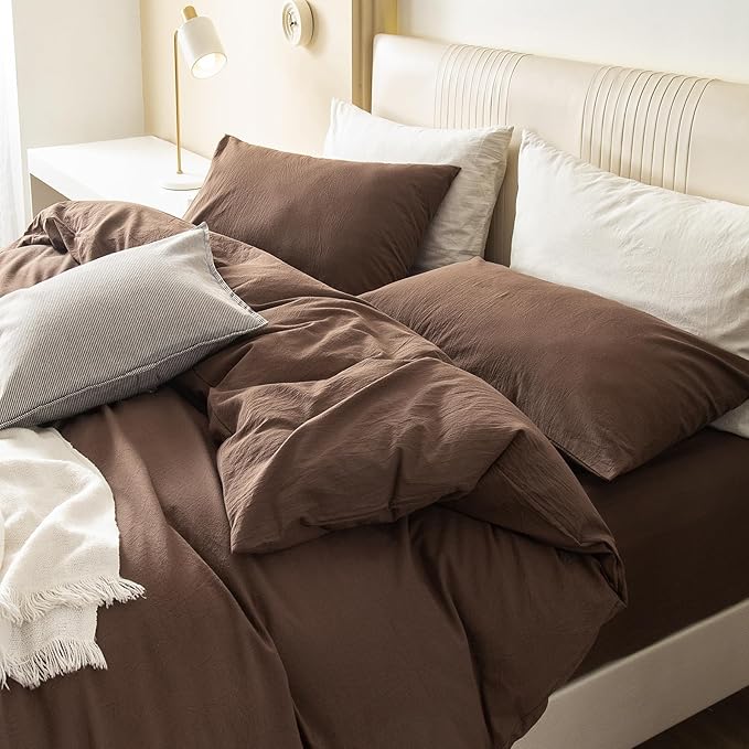 JIYUAN 100% Washed Cotton Duvet Cover Set 3 Pieces Queen, 1 Duvet Cover 90x90 Inches(Comforter Not Included) and 2 Pillowcases,Linen Feel Bedding Set Comfy and Breathable,Chocolate Brown
