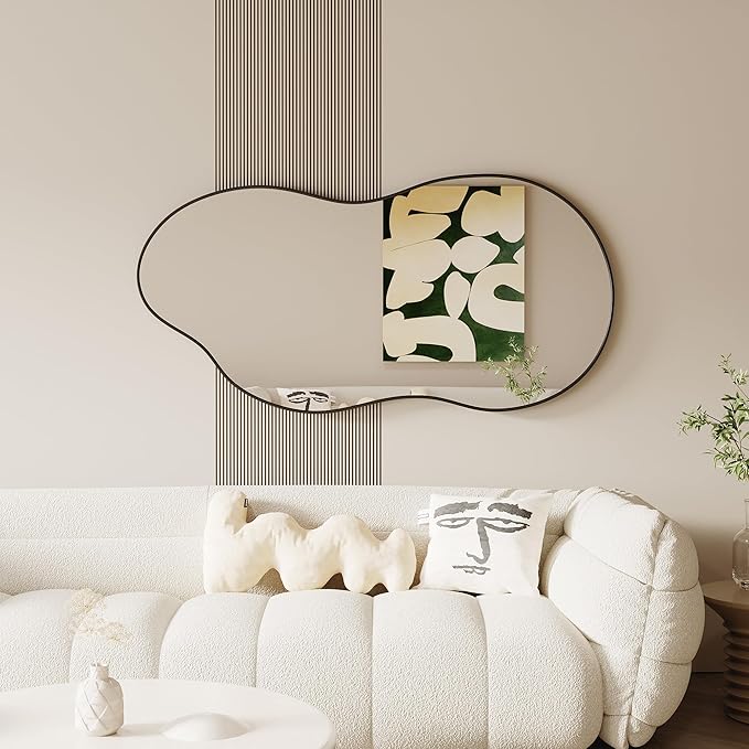 Irregular Wall Mirror - 28''×55'' Asymmetrical Decorative Tempered Glass Aluminum Alloy Framed Mirrors Cloud Mirror Wavy Mirrors for Bathroom, Bedroom, Living Room, Entryway（Black）